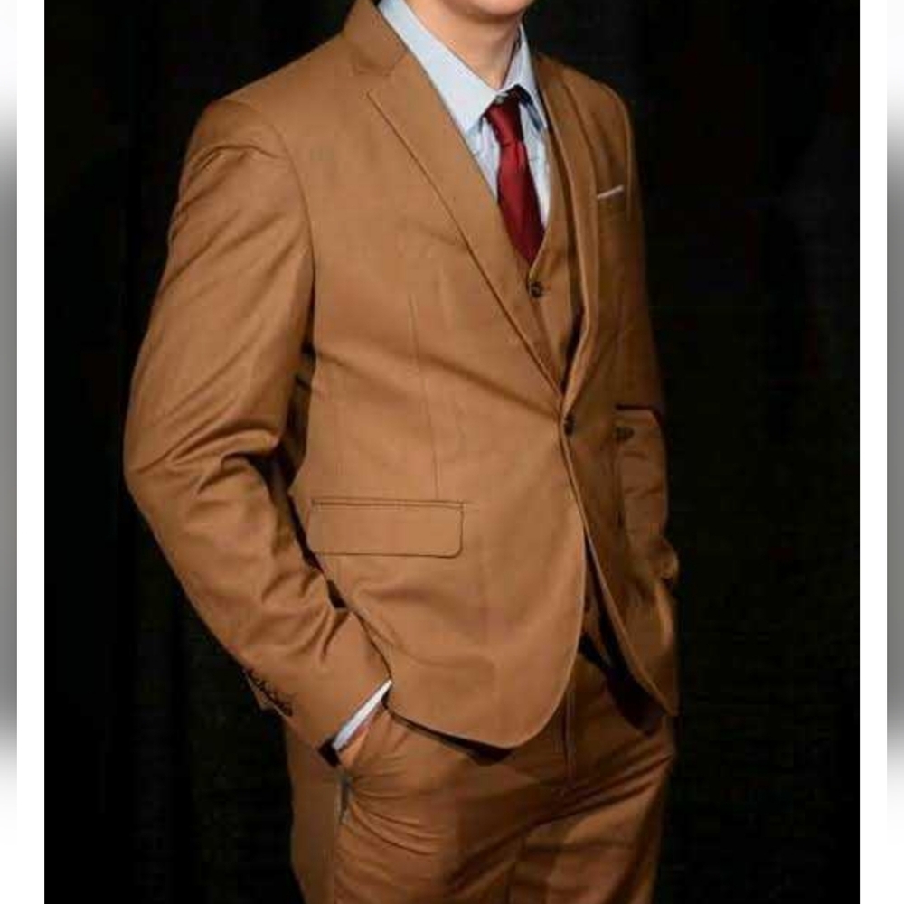 🩶 WULFUL Men's Slim Fit 3pc Suit, 1 Button Blazer, vest & pants size med, brown